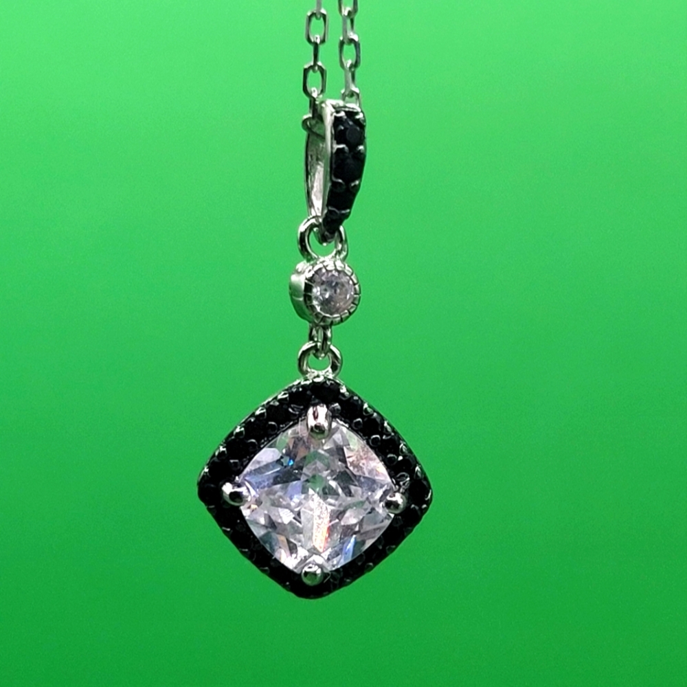 Cushion Cut CZ & Black CZ Halo Pendant and Chain, Sterling Silver 923